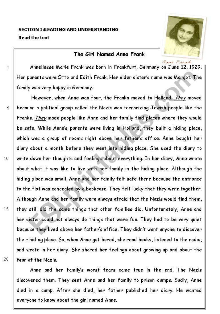 The Story Of Anne Frank Reading Comprehension Esl Worksheet By Denizt