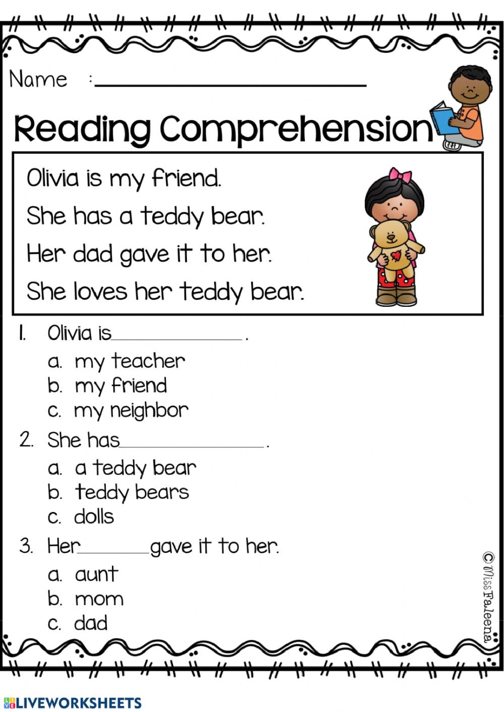 Reading Comprehension Worksheet For Grade1