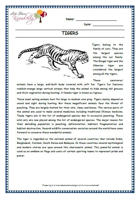 11 Tigers Grade 3 Comprehension Worksheet Comprehension Grade 3 