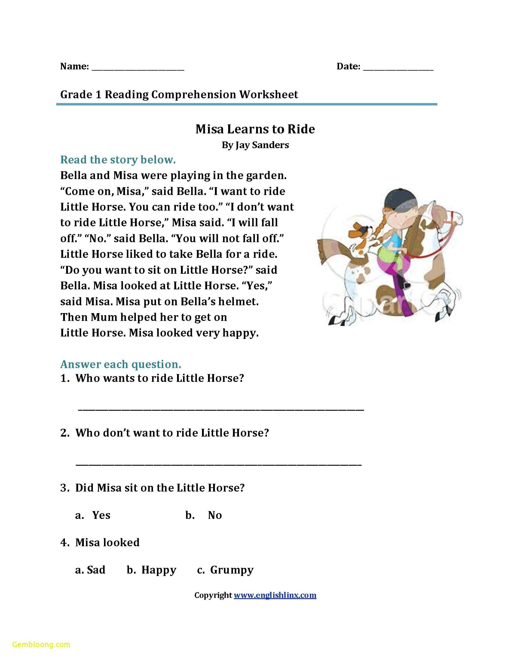 1st Grade Reading Comprehension Worksheets Multiple Choice Reading