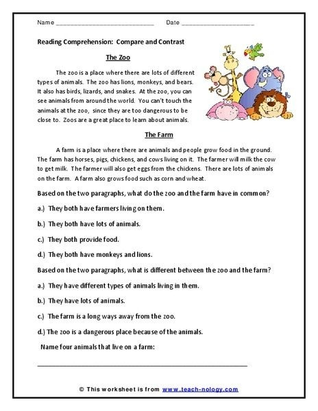 Reading Comprehension Compare And Contrast Worksheets