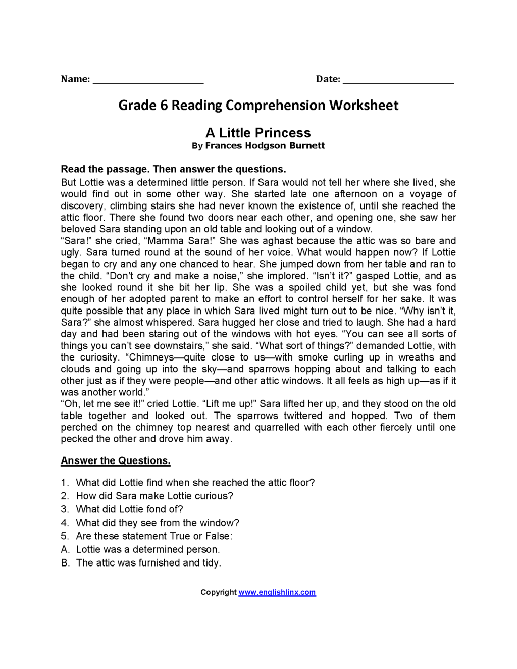 6th Grade Reading Comprehension Worksheets Multiple Choice Pdf Times 