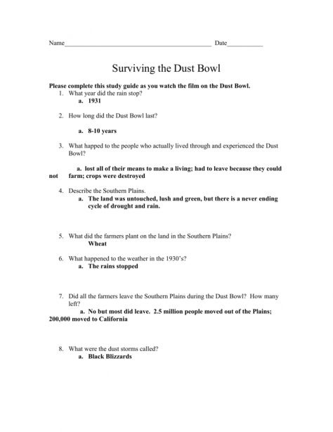 Dust Bowl Reading Comprehension Worksheet