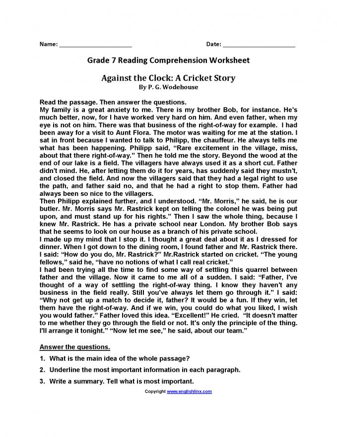 7th Grade Reading Passages Reading Comprehension Worksheets