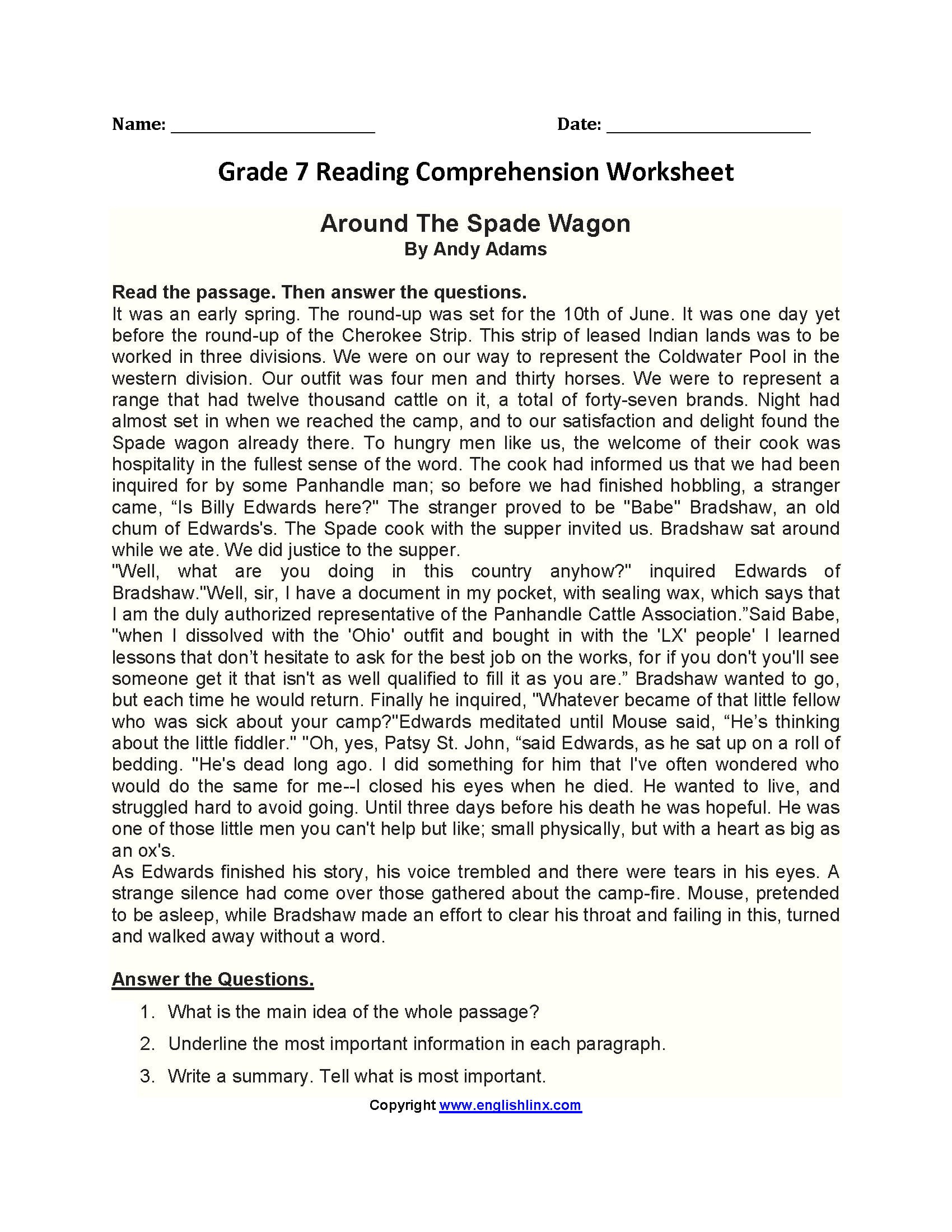 7Th Grade Reading Comprehension Worksheets Pdf Db excel