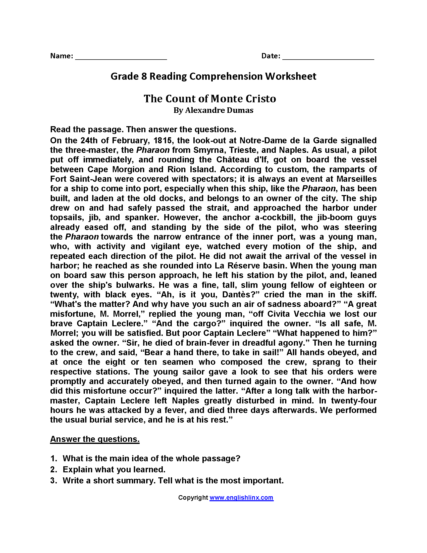 8th Grade English Reading Comprehension Worksheets DIY Worksheet