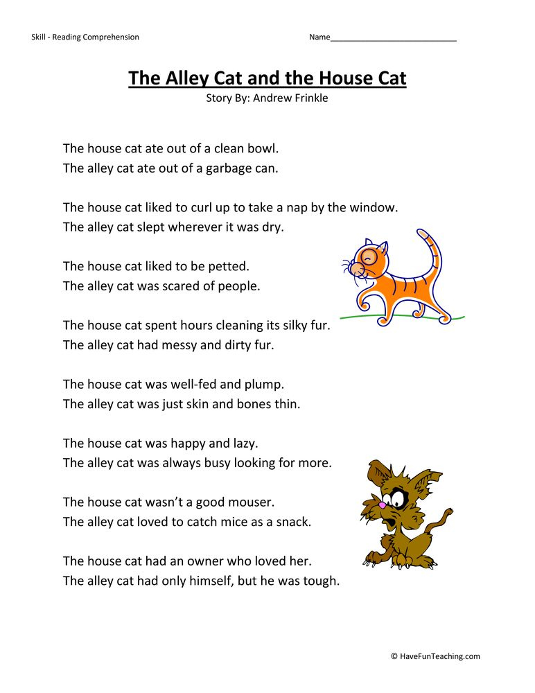 Alley Cat And House Cat Reading Comprehension Worksheet Reading 