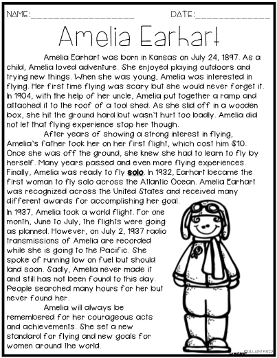 Amelia Earhart Biography With Comprehension Questions Reading 