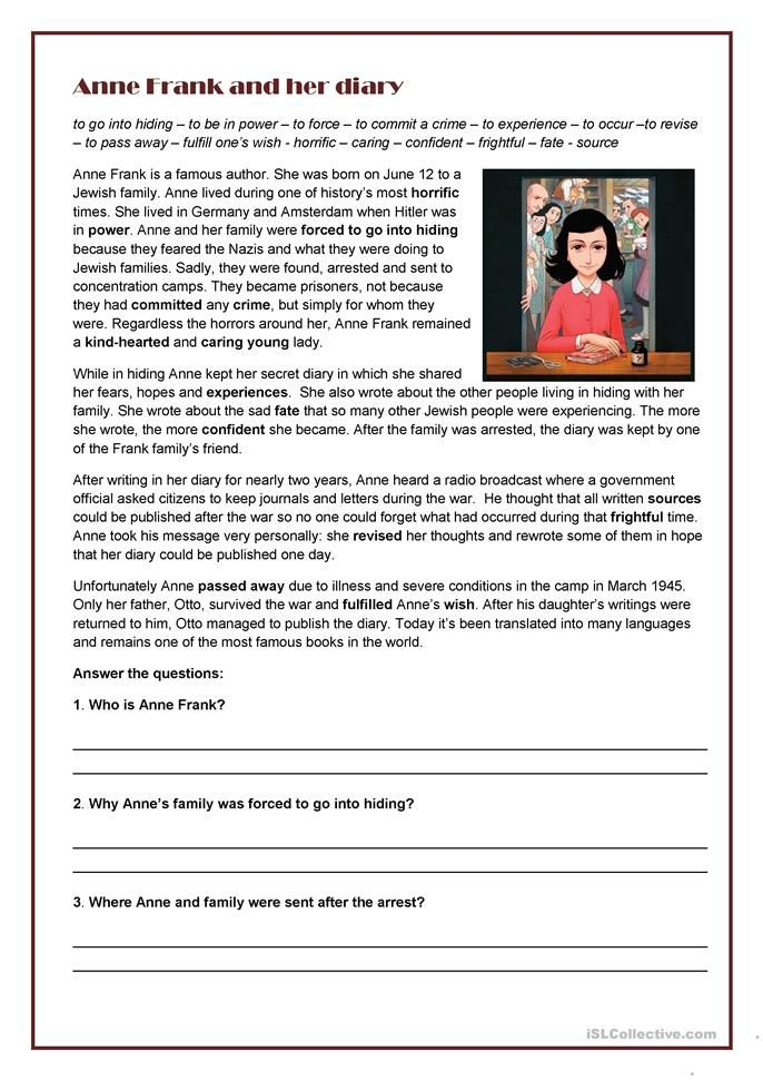 Anne Frank And Her Diary English ESL Worksheets In 2020 Anne Frank 