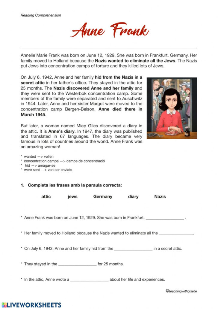 Anne Frank Reading Comprehension Worksheets