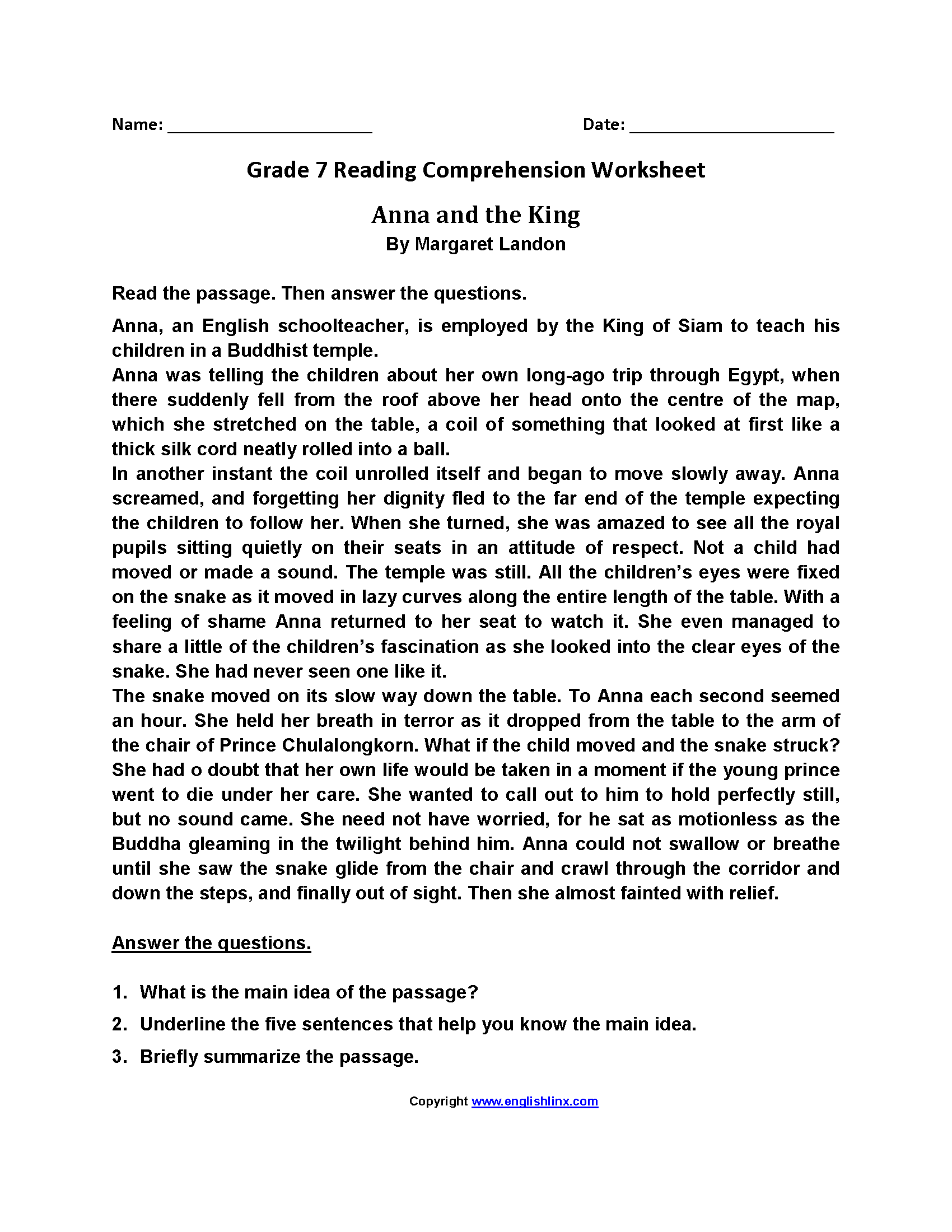 Answer Key 7th Grade Grade 7 Reading Comprehension Worksheets Pdf 