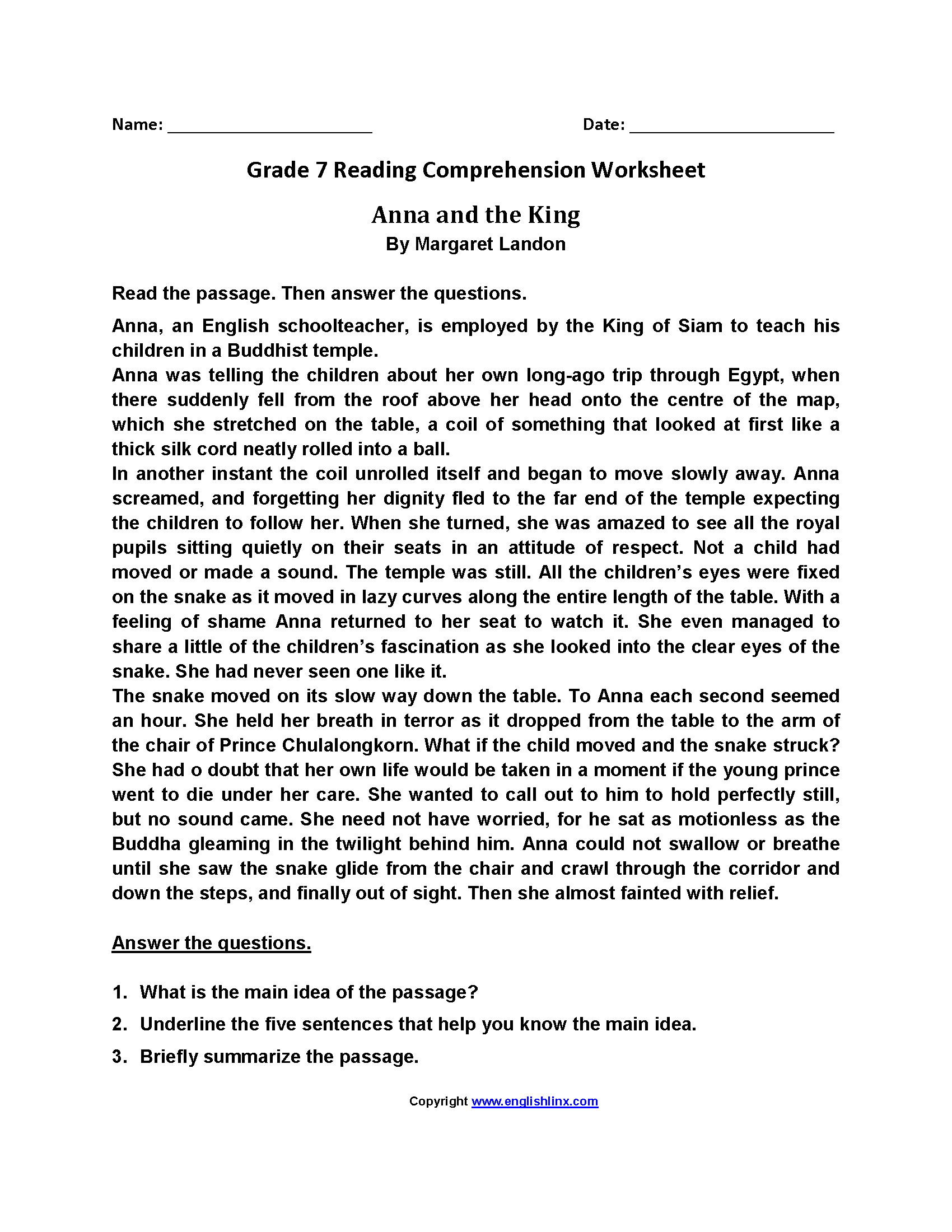 7th Grade Reading Passages Reading Comprehension Worksheets