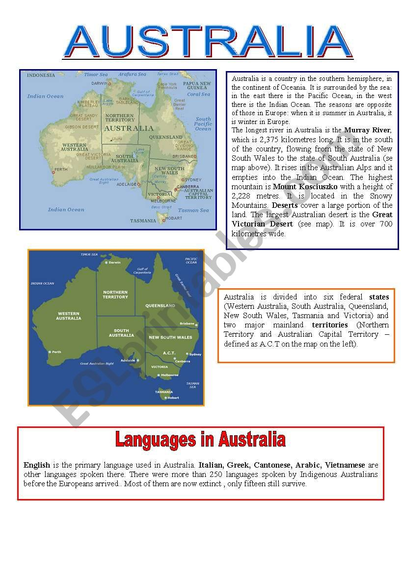 Australia Reading Comprehension ESL Worksheet By Chiaras
