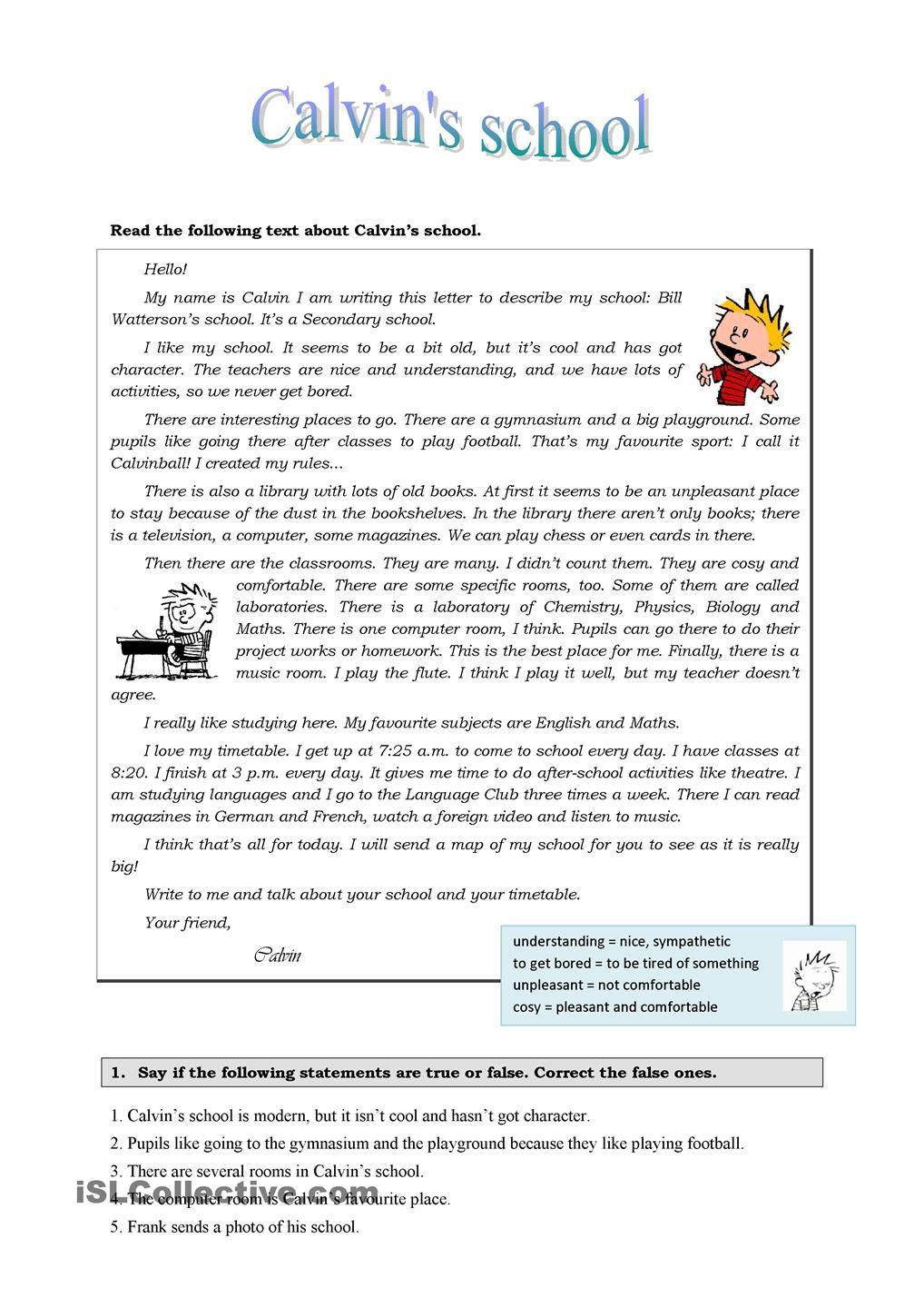 Calvin s School Reading Comprehension Worksheets Esl Reading 