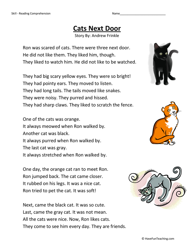 Cats Next Door Reading Comprehension Worksheet Have Fun Teaching