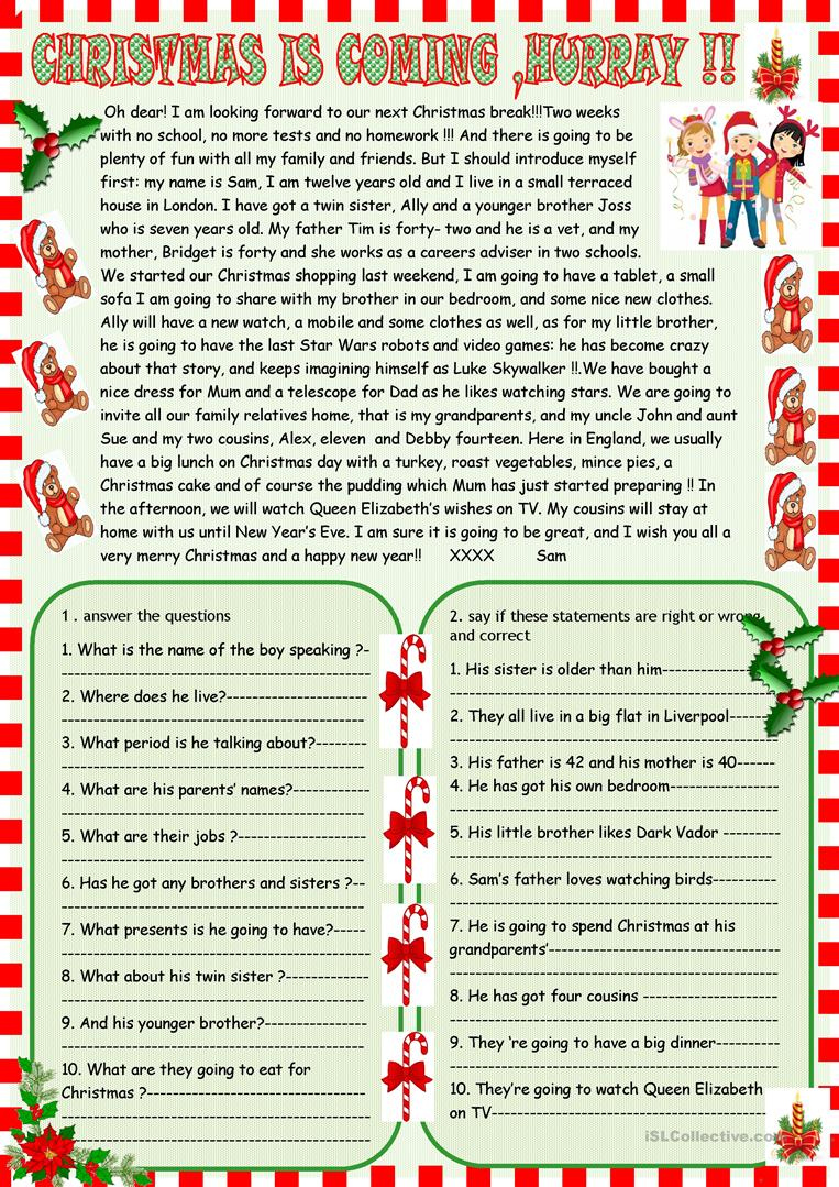 Christmas Is Coming Reading Comprehension Worksheet Free ESL 