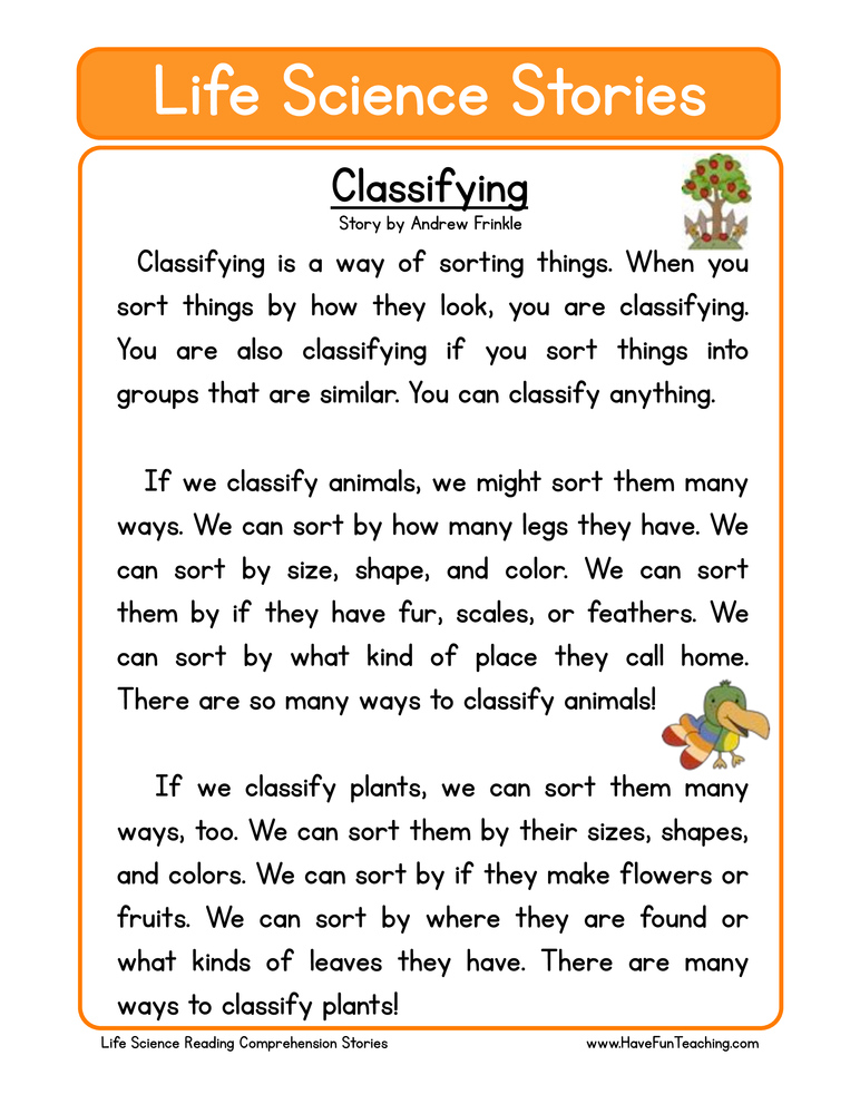Classifying Life Science Reading Comprehension Worksheet Have Fun 
