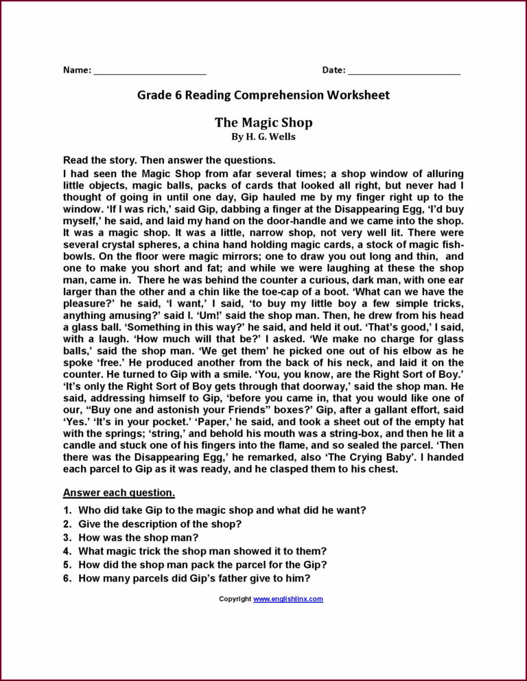 Comprehension Reading Passages 6th Grade Worksheet Resume Examples ...