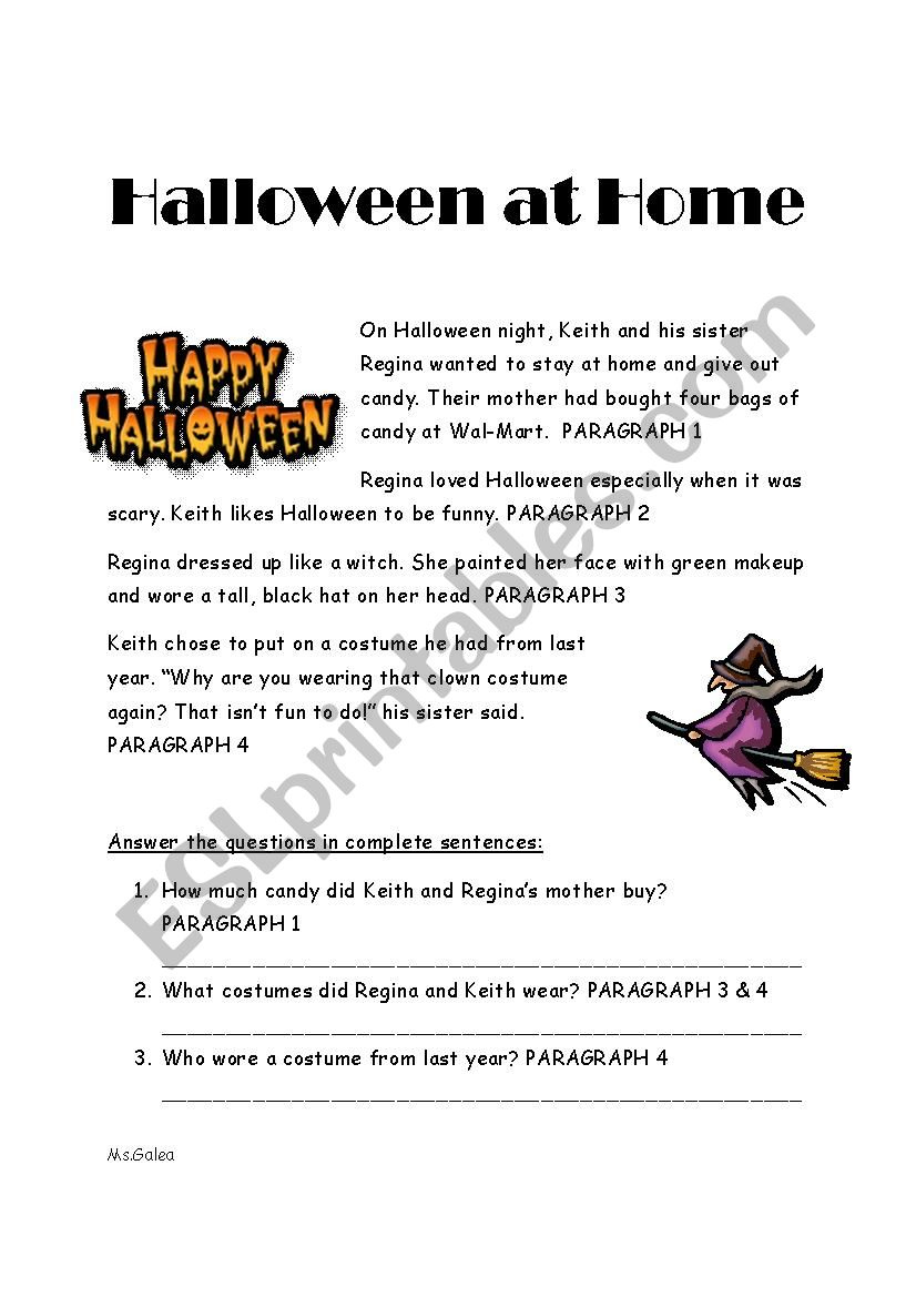 English Worksheets Halloween Reading Comprehension