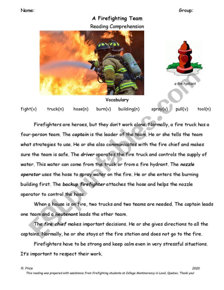Firefighter Reading Comprehension Worksheets