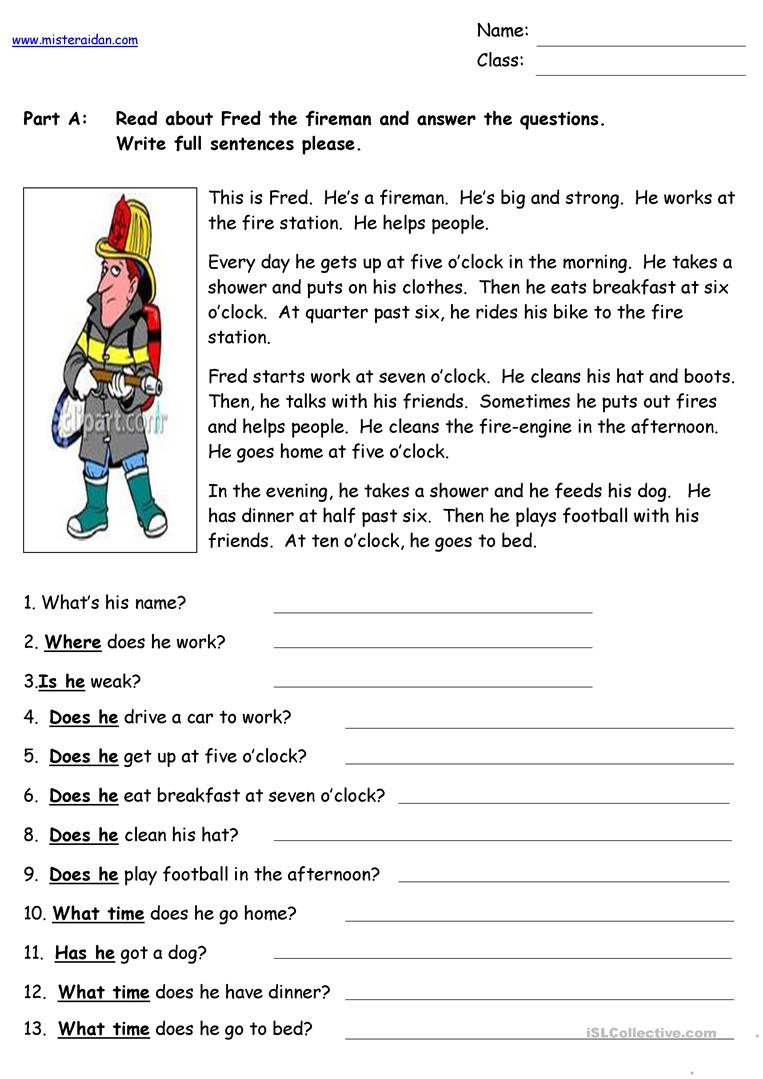 Fred The Fireman Reading Comprehension Worksheet Free ESL Printable 