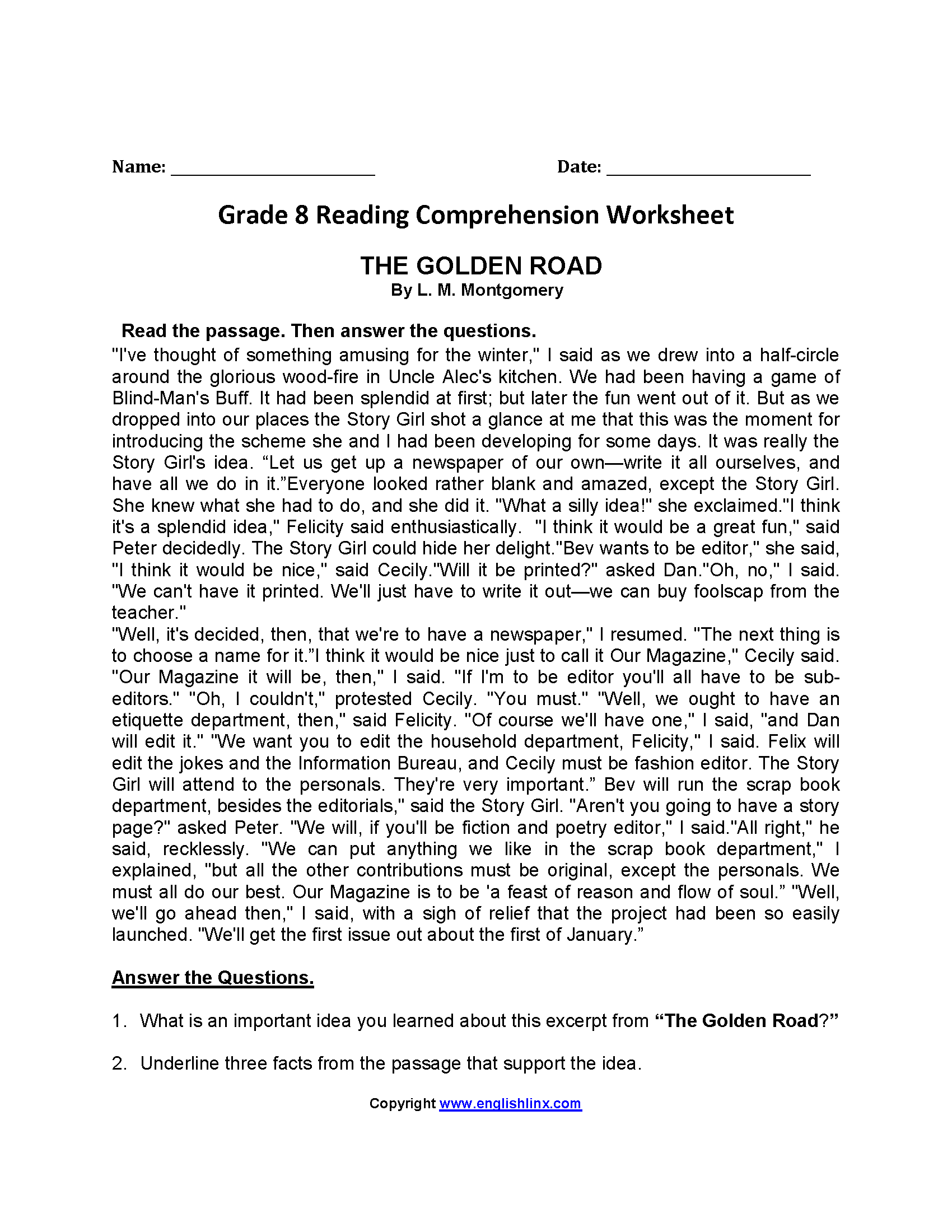 Free Printable Short Reading Comprehension For Grade 8 With Questions 