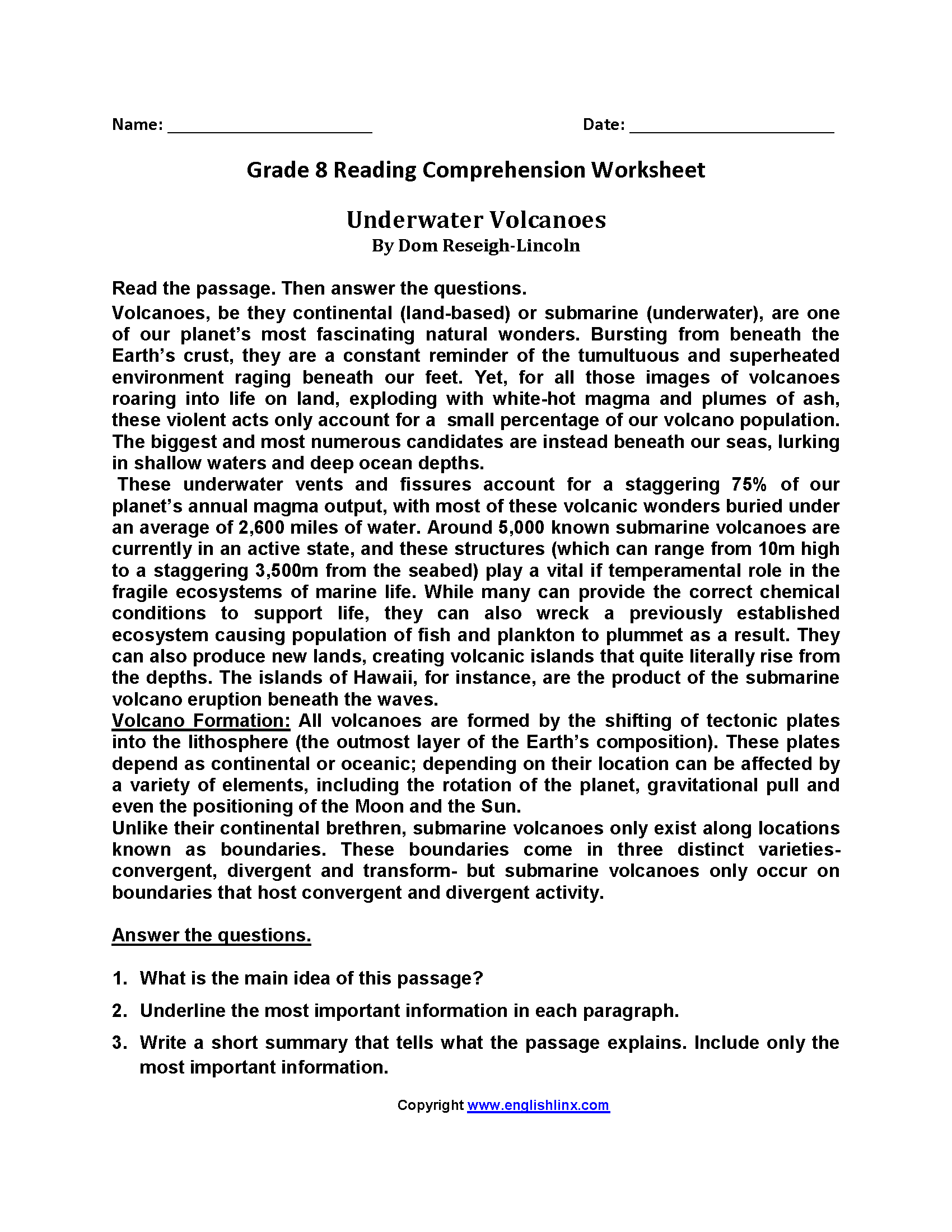 8th Grade Reading Comprehension Worksheets With Answers Reading 