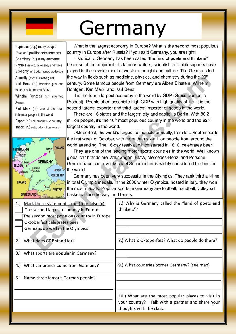 Germany Reading Comprehension Practice Exercises With Definitions ESL 