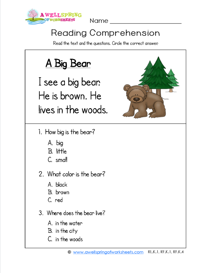 Reading Comprehension Worksheets Kindergarten Multiple Choice
