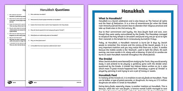 Hanukkah Reading Comprehension Worksheets Free