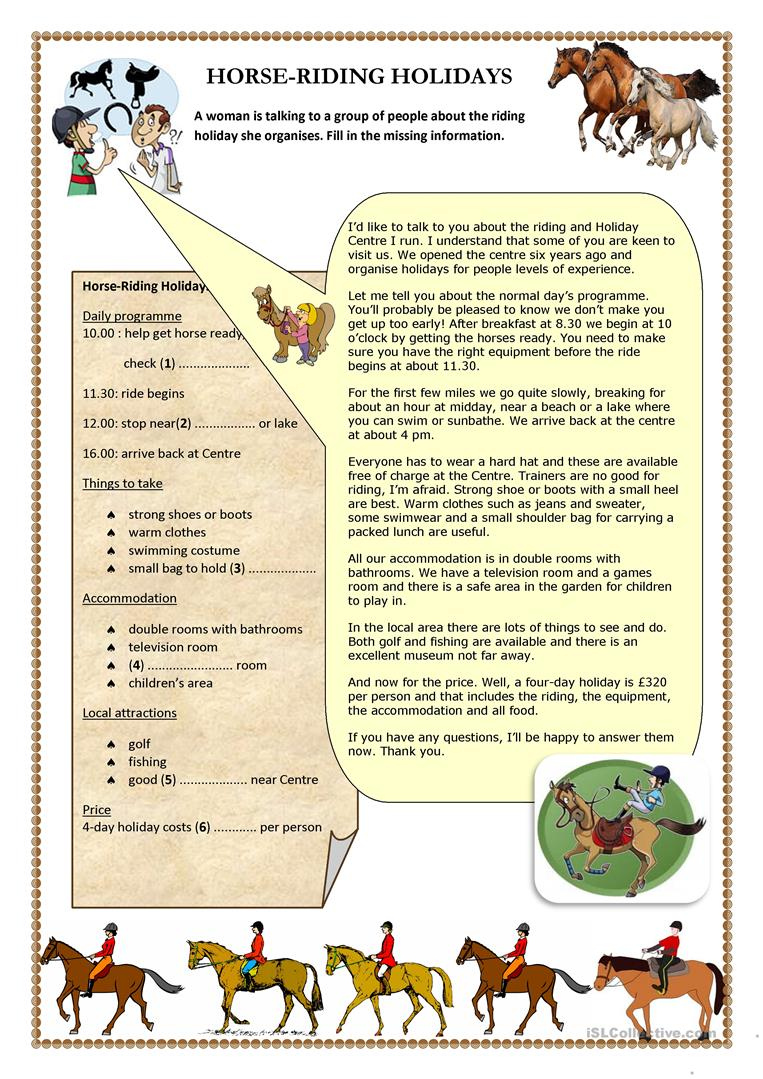 Horse Riding Holidays English ESL Worksheets For Distance Learning 