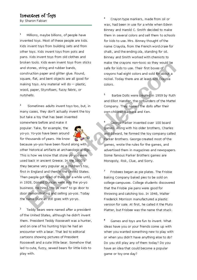 Inventors Of Toys Reading Comprehension ESL Worksheet By Devoria