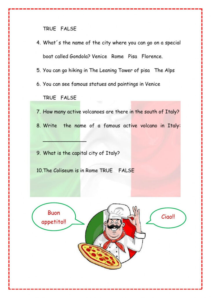 Italy Reading Comprehension Worksheets