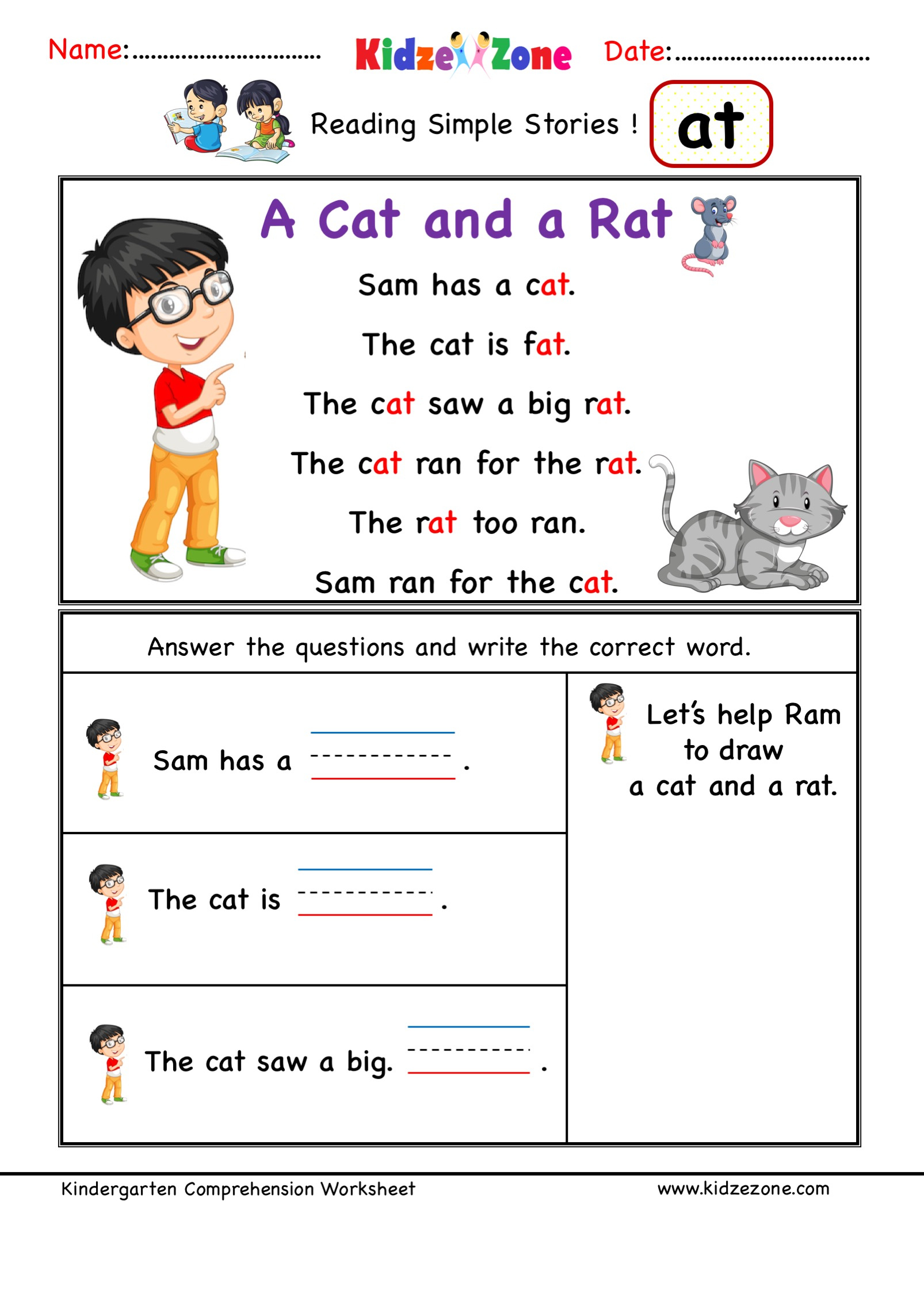 Kindergarten Worksheets At Word Family Reading Comprehension