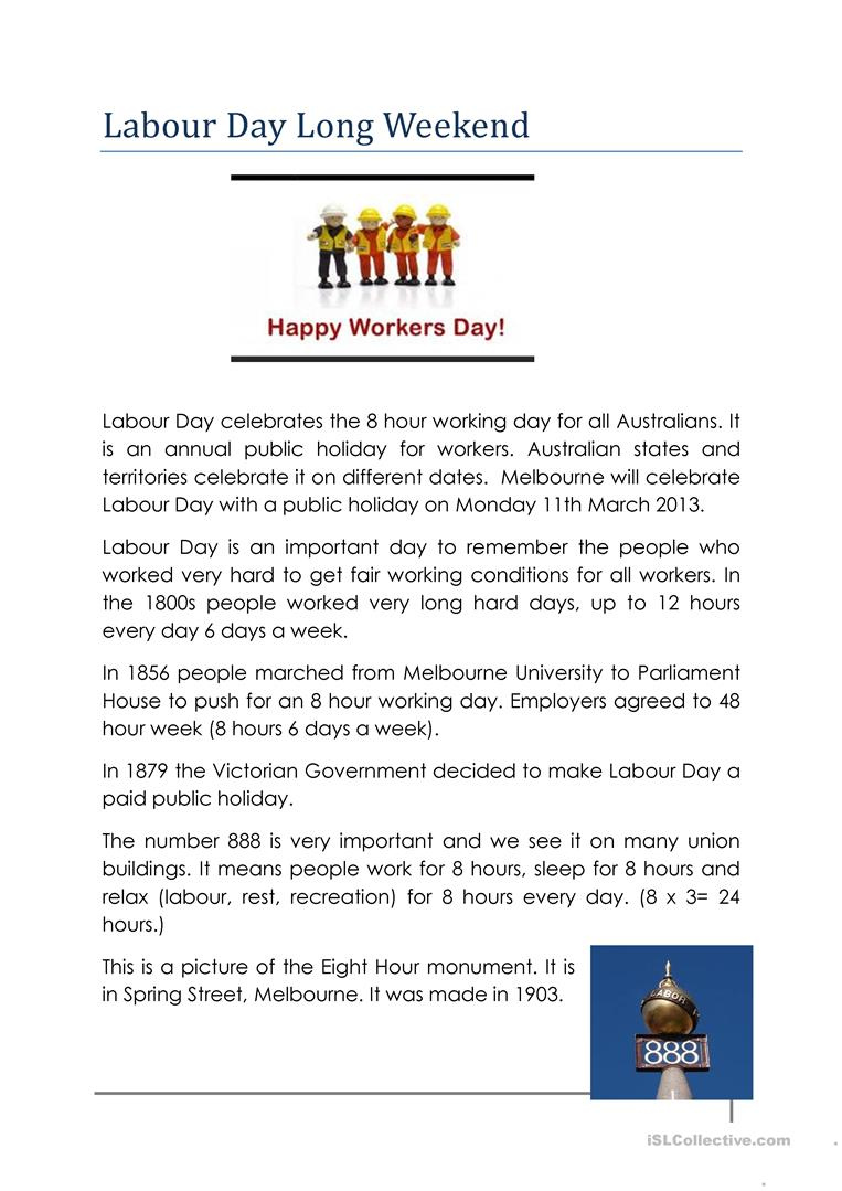 Labour Day In Australia English ESL Worksheets For Distance Learning 