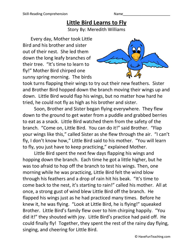 Little Bird Learns To Fly Reading Comprehension Worksheet Have Fun 