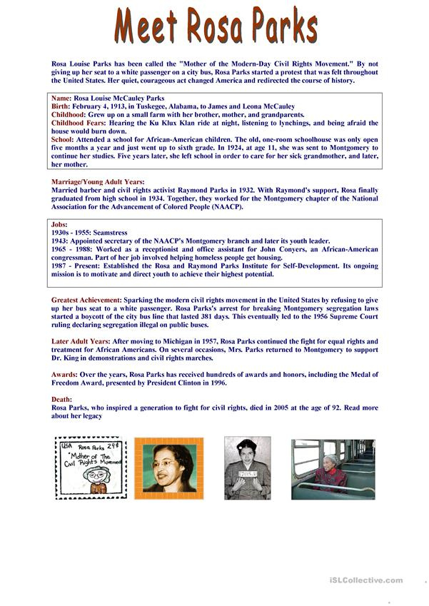 Meet Rosa Parks English ESL Worksheets For Distance Learning And 