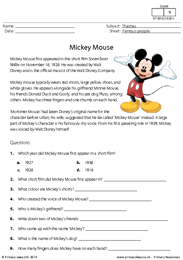 Disney Reading Comprehension Worksheets
