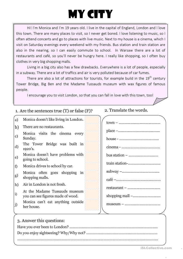 My Town Reading Vocabulary English ESL Worksheets For Distance 