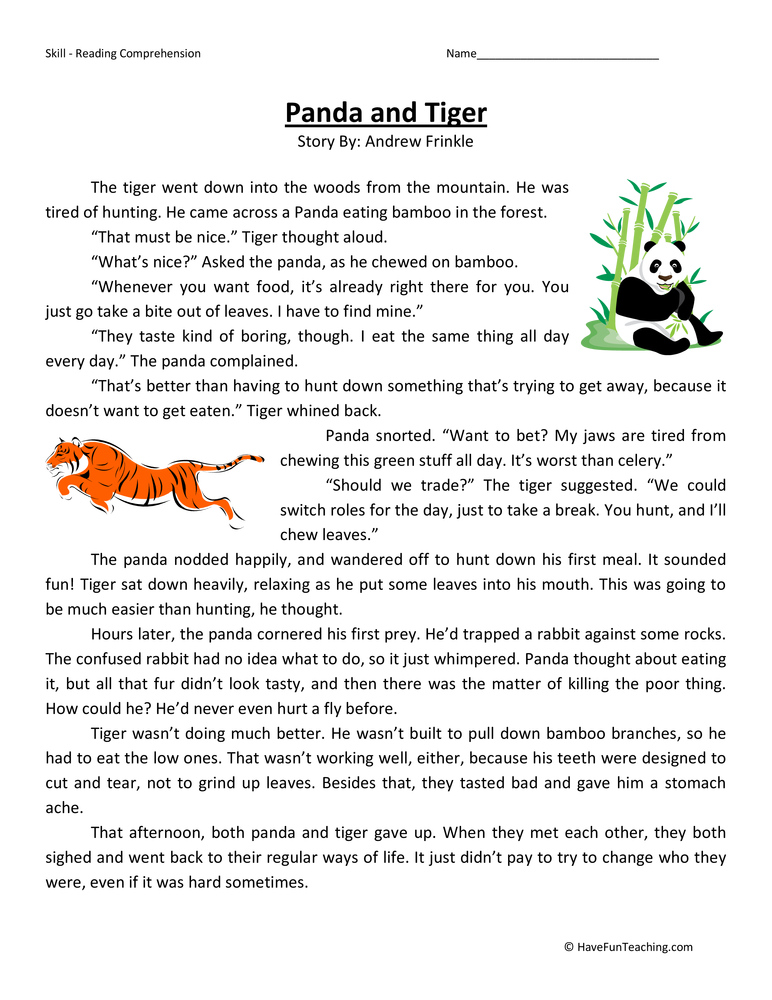 Panda And Tiger Reading Comprehension Worksheet Have Fun Teaching