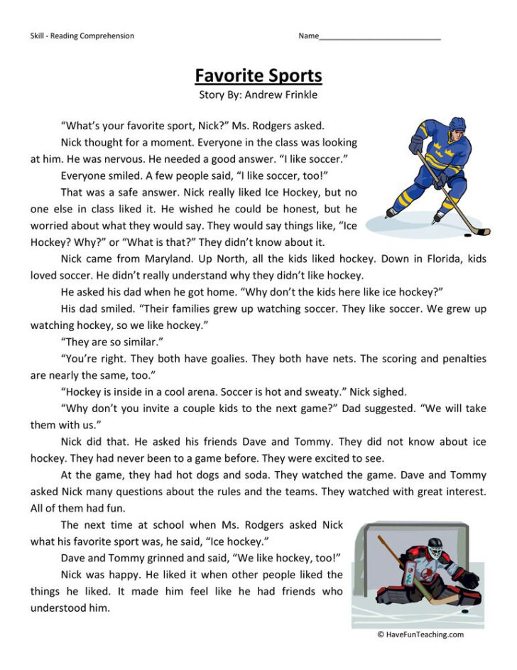 Reading Comprehension Worksheets About Sports