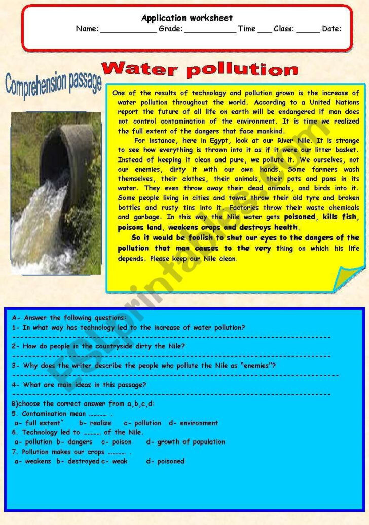 Water Pollution Reading Comprehension Worksheet