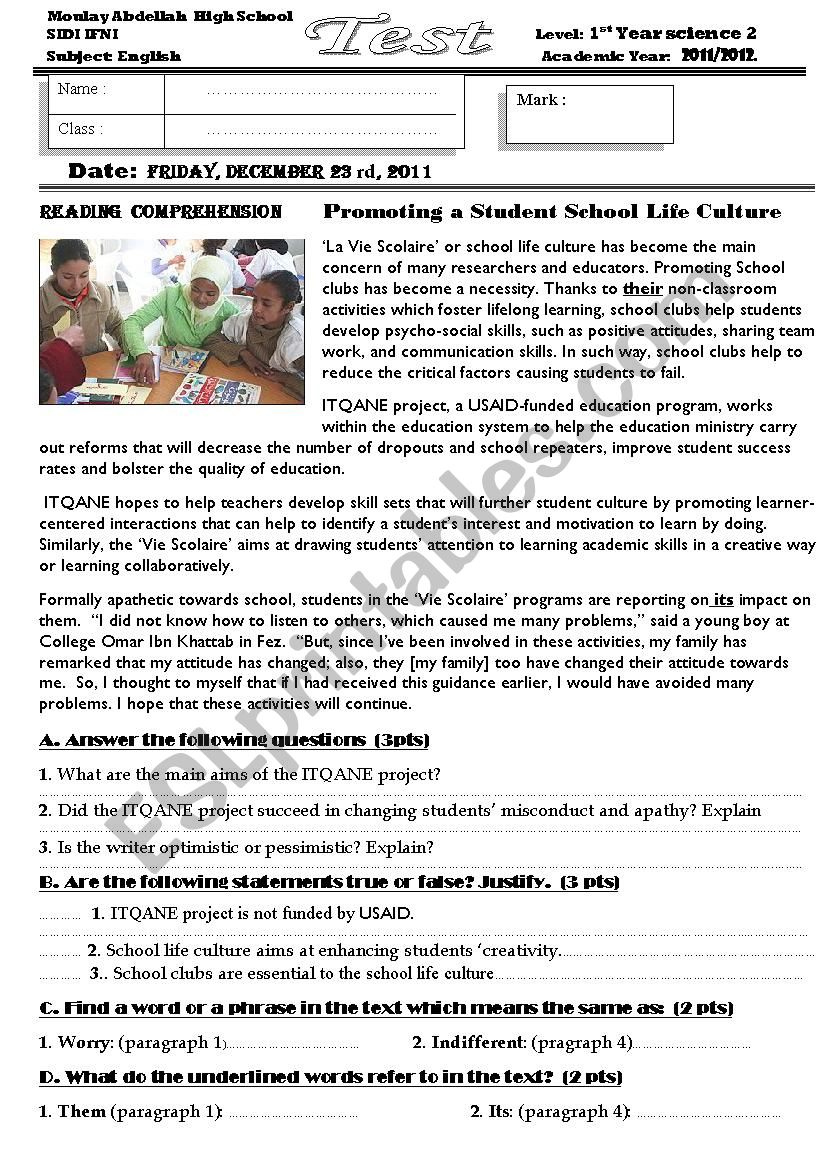 Promoting A Student Life Culture Reading Comprehension ESL 