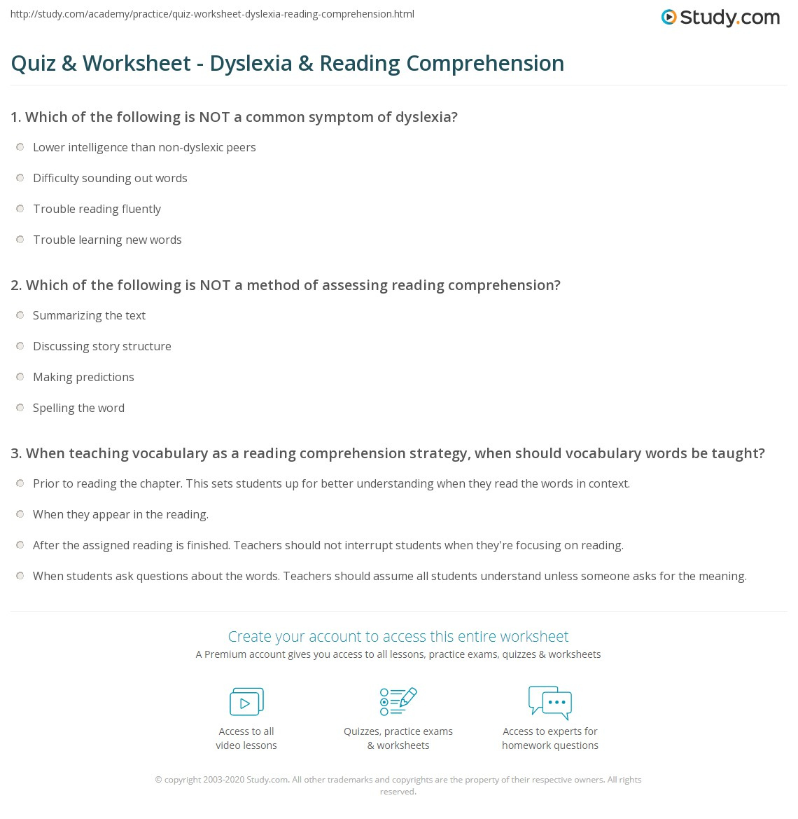 Quiz Worksheet Dyslexia Reading Comprehension Study