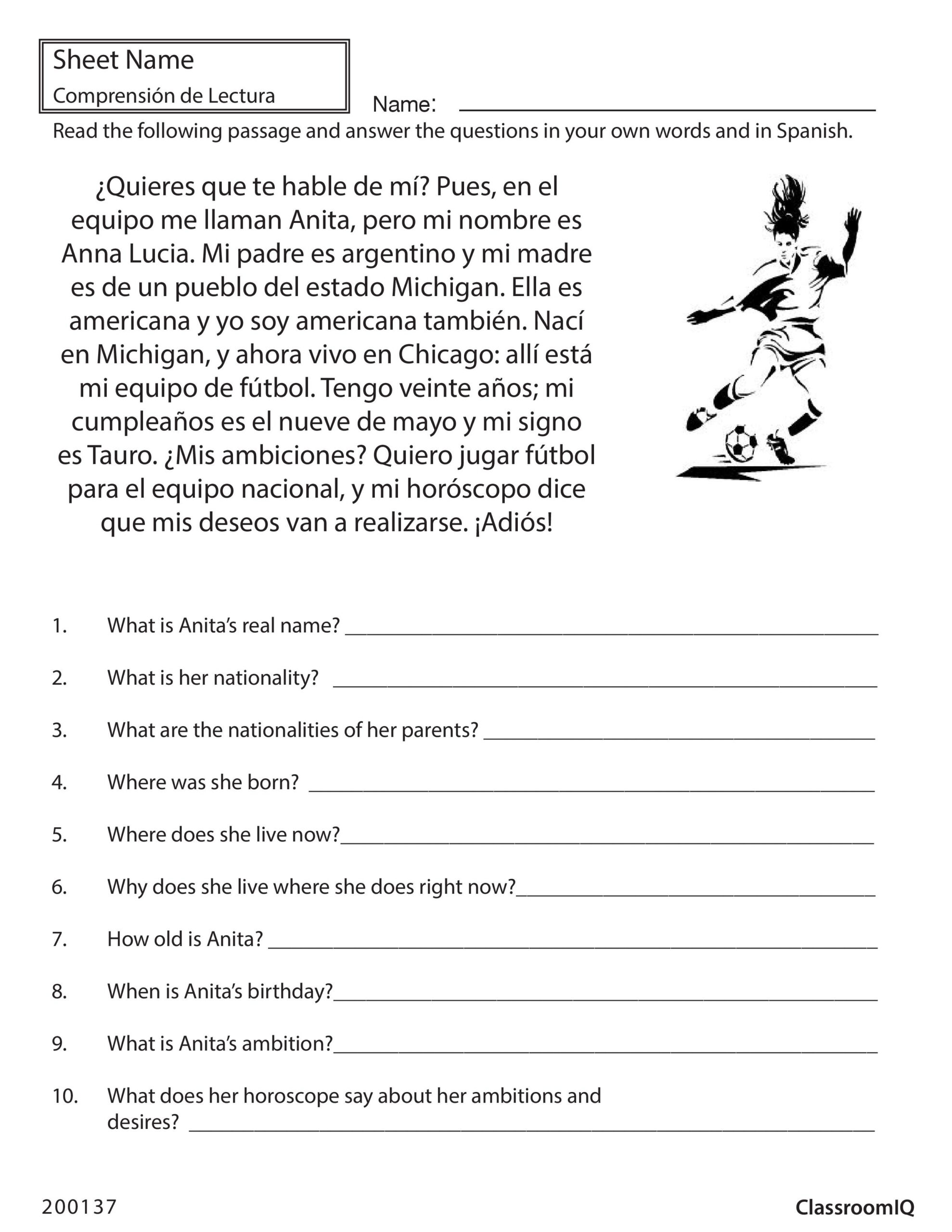 Read Spanish Passage And Answer Questions In English spanishworksheet 