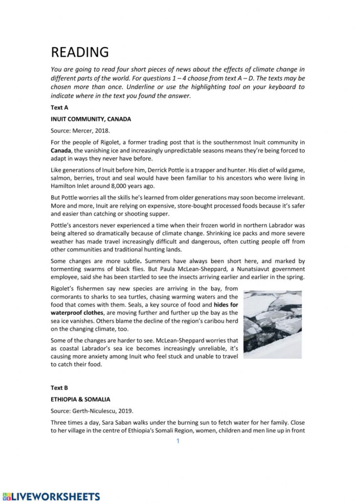 Climate Change Reading Comprehension Worksheet