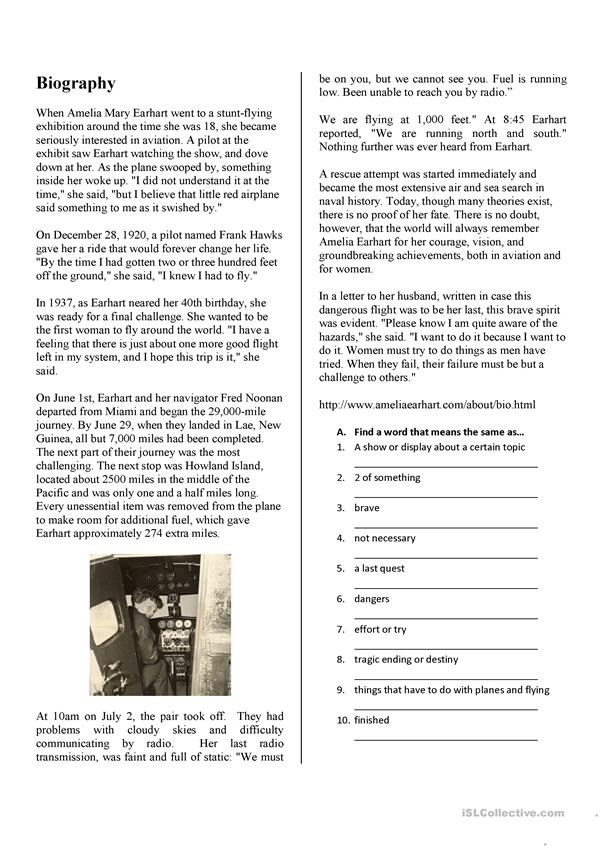 Reading Comprehension Amelia Earhart Worksheet Free ESL Printable 