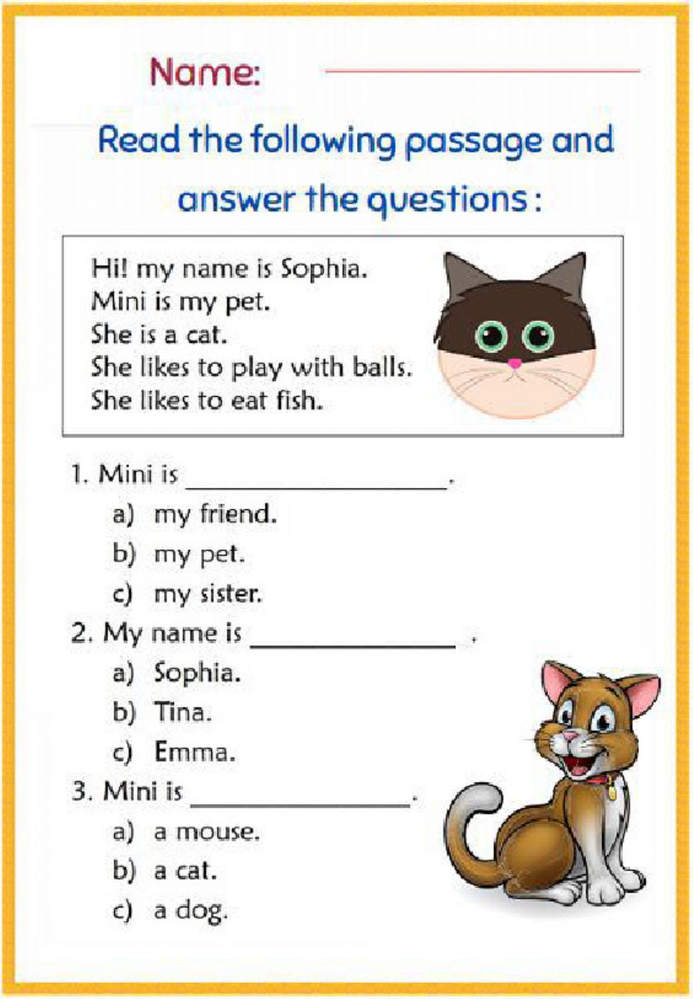 Reading Comprehension Elementary Cat Worksheet