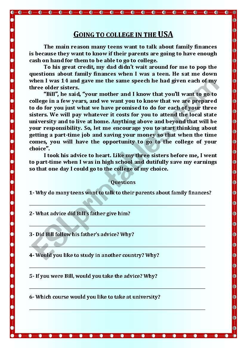 Reading Comprehension Going To College In The USA ESL Worksheet By 