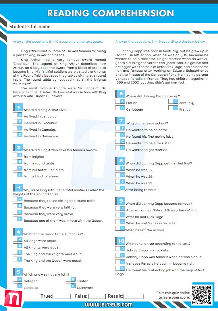 Reading Comprehension Multiple Choice Test Reading Comprehension 